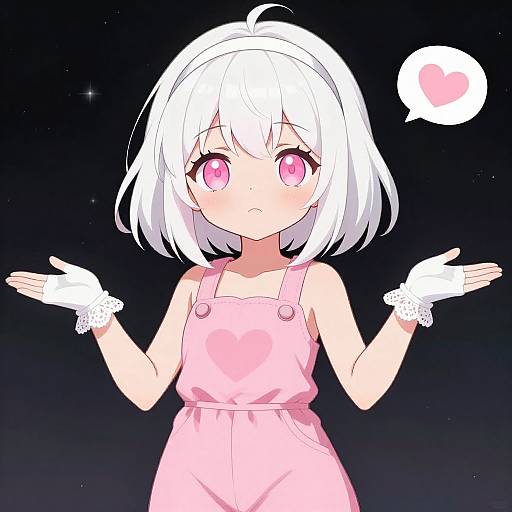 Anime-style digital drawing of a cute, white-haired girl with pink eyes, wearing a pink dress, white gloves, and a speech bubble with a heart