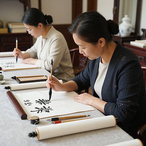 Photograph of two Asian women with black hair in buns, focused on calligraphy at wooden tables, writing black ink on white paper.