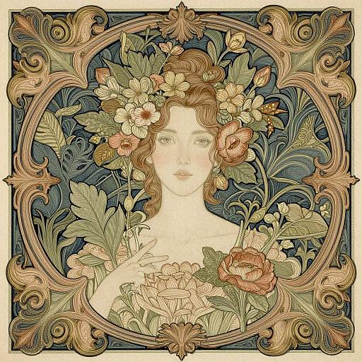 Art Nouveau-style illustration of a fair-skinned woman with wavy auburn hair, adorned with a floral crown, surrounded by intricate, leaf