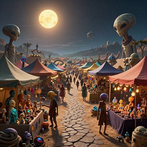 Fantastical night market under a full moon, lit by colorful stalls selling alien dolls and ornaments, with giant head-like creatures watching.