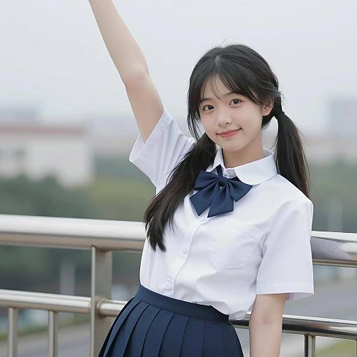 Cheerful Asian Woman in Outdoor Setting