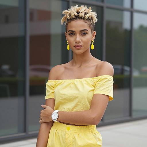 Young Woman in Yellow Outfit Outdoors