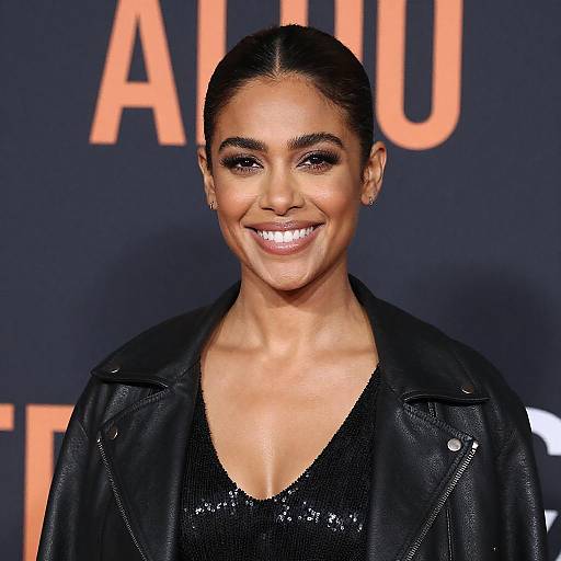 Photograph of Rihanna with slicked-back hair, wearing a black sequined top and leather jacket, smiling at a dark orange backdrop.