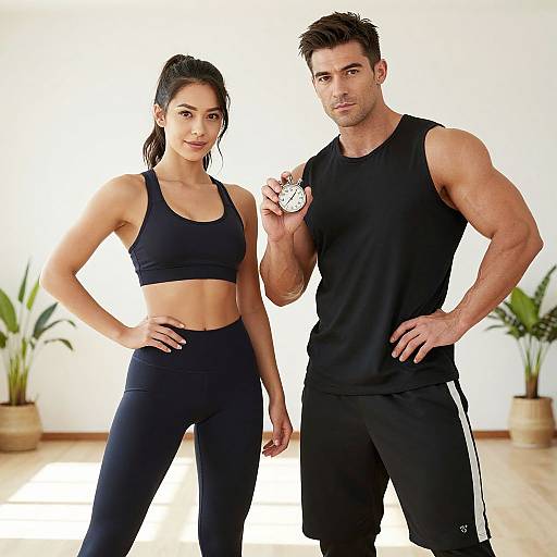 Photograph of a fit, muscular man and woman in black athletic wear, standing confidently; he holds a weight, she places hand on hip; bright