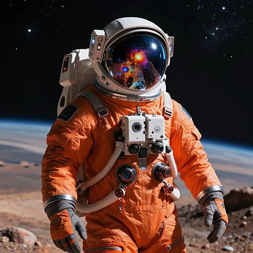 Photorealistic image of an astronaut in an orange spacesuit, reflective helmet, and white backpack, standing on a rocky lunar surface with a starry