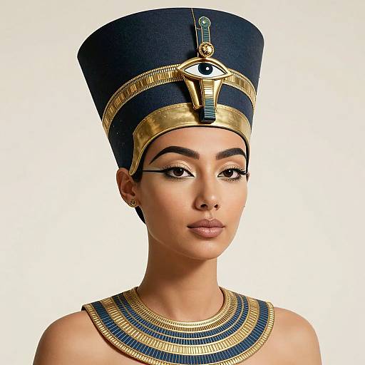 Photorealistic digital portrait of an Egyptian woman with dark skin, wearing a blue and gold headdress with an eye symbol, and a matching necklace,