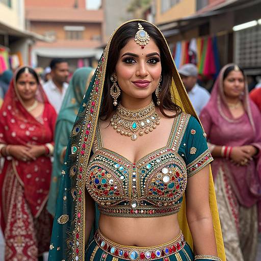 Photograph of a South Asian woman in an ornate, jeweled green and gold traditional outfit, standing in a bustling street market with other women in