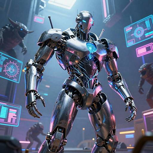 Cyberpunk Hercules Battling Digital Monsters