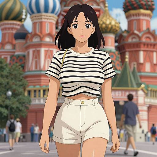 Anime-style drawing of a woman with black hair, wearing a striped shirt and white shorts, in front of the colorful domes of the Kremlin.