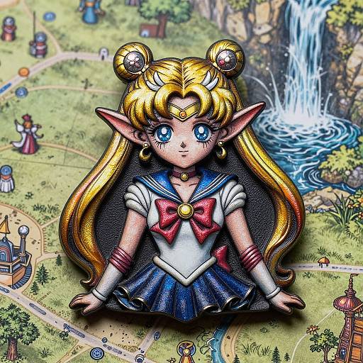 Digital art of a chibi-style Sailor Moon with pointed elf ears, blonde hair, blue eyes, and magical girl outfit, standing in a vibrant,