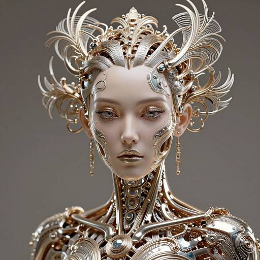 Digital artwork of a pale-skinned, androgynous figure with intricate, metallic, feather-like headpiece and jewelry, set against a gray background