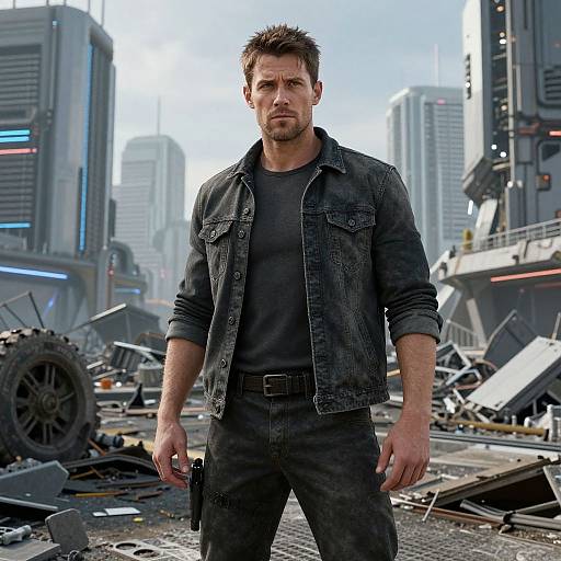Photograph of a muscular, bearded man in a black denim jacket and pants, standing in a futuristic, destroyed urban landscape. City skyscrapers