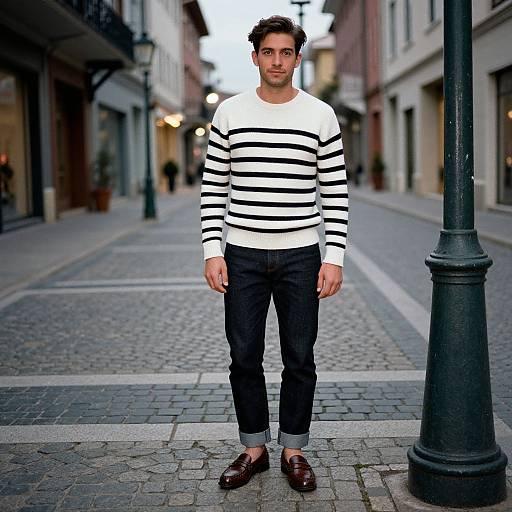Photograph of a young man with short dark hair, wearing a white and black striped sweater, black pants, and brown loafers, standing on a