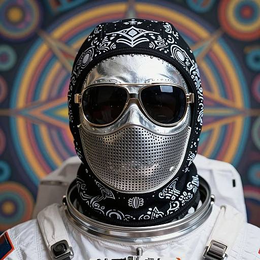 Photograph of a person in a silver gas mask, black patterned scarf, and sunglasses, wearing a white astronaut suit, against a colorful, psychedelic