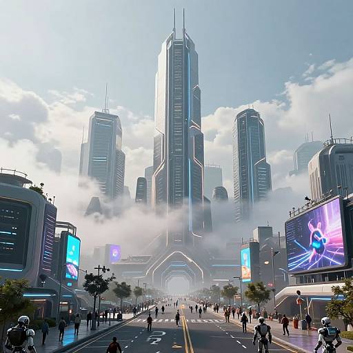 Digital CGI of a futuristic cityscape with towering neon-lit skyscrapers, mist, and bustling street traffic, featuring vibrant billboards and glowing advertisements