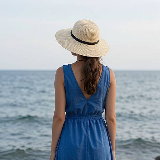 Photograph of a woman with brown hair in a blue sleeveless dress and white sunhat, facing a calm ocean horizon.