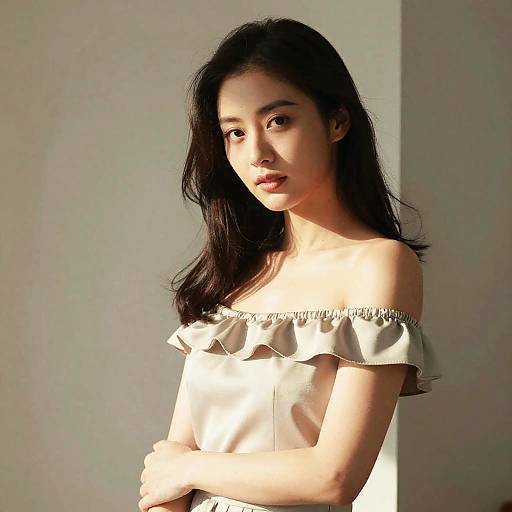 Elegant Woman in Sunlit Off-Shoulder Dress