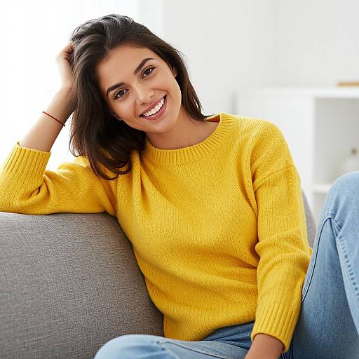 Smiling Woman in Cozy Yellow Sweater