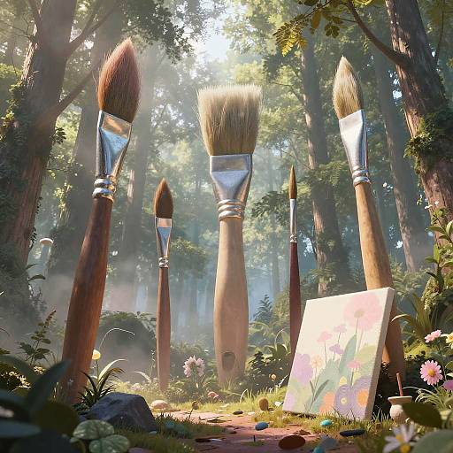 Dreamlike Forest with Floating Art