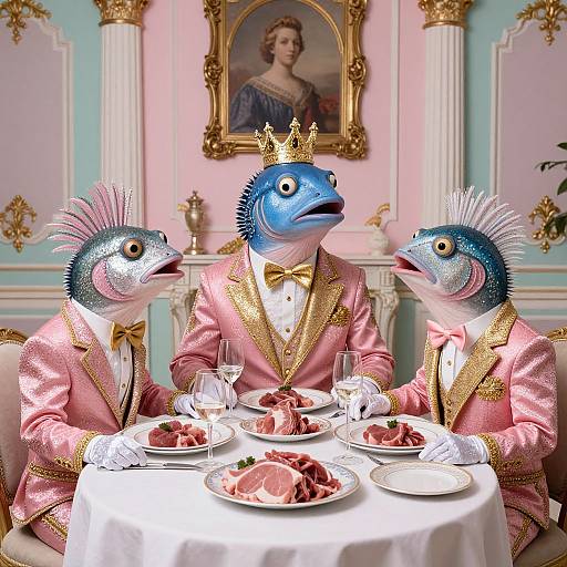 Photograph of three blue fish-headed men in pink satin suits with gold trim, white gloves, and crowns, dining on a table with roast meat