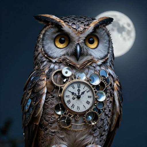 Photorealistic digital artwork of a majestic owl with yellow eyes, wearing a clock and gears on its chest, against a dark night sky with a full
