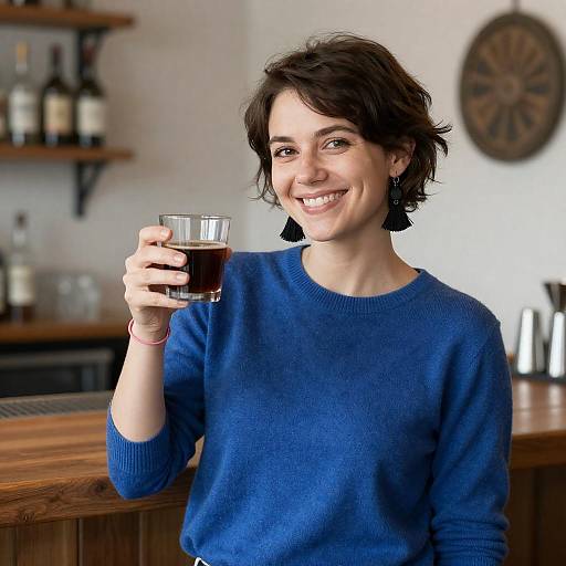 Smiling Woman at Bar with Drink