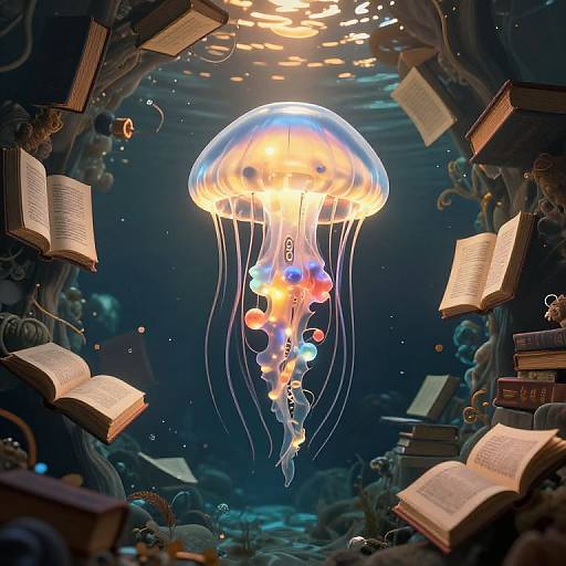 Digital art of a glowing jellyfish with colorful tentacles surrounded by floating open books in a dark underwater cave.
