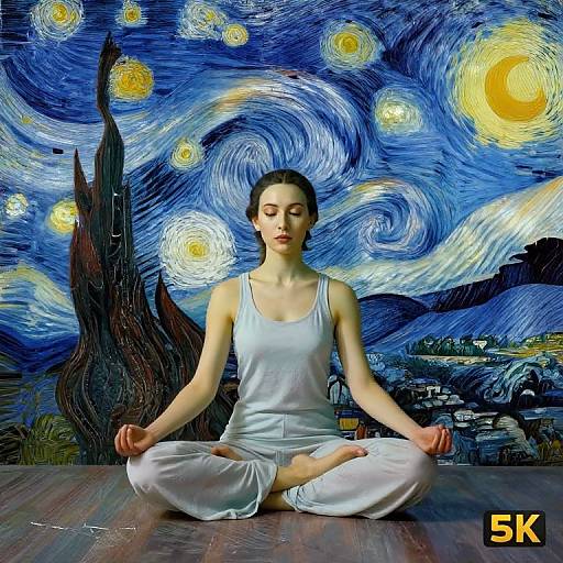 Digital art: Calm woman in white tank top and pants meditates cross-legged, set against Vincent van Gogh's 