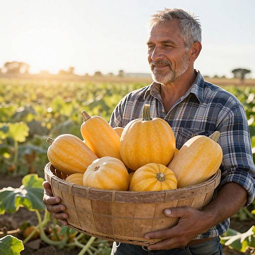 Photograph of a gray-haired, bearded farmer in a plaid shirt, holding a wicker basket filled with large, orange pumpkins, standing