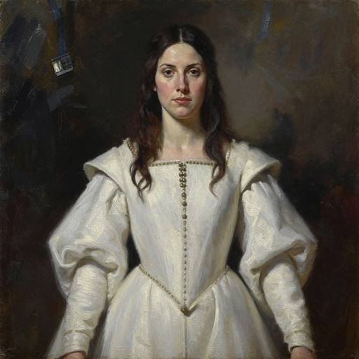 Painting of a young woman with long brown hair, wearing a white, puffed-sleeve, corseted gown, against a dark background