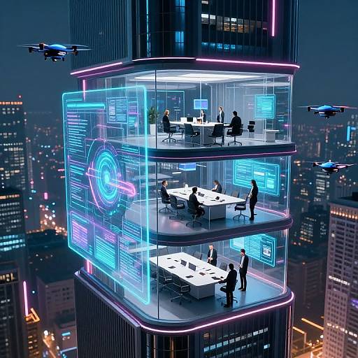 Futuristic, floating skyscraper office with three neon-lit levels; four people on each floor, surrounded by flying drones, over a cityscape