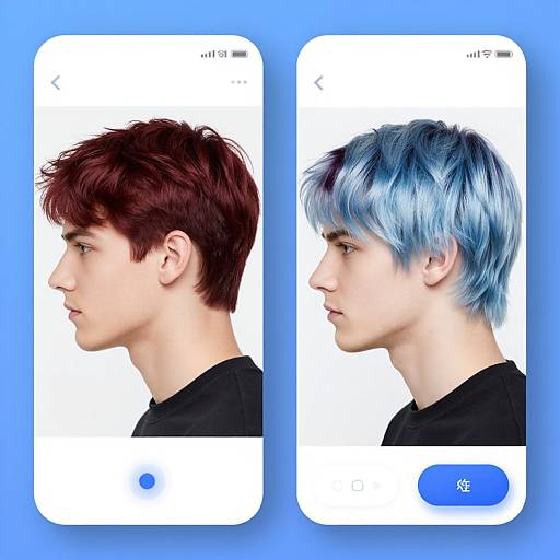 Side-by-side digital portrait of a young man with brown hair on left, and same man with blue hair on right, against white background, blue interface