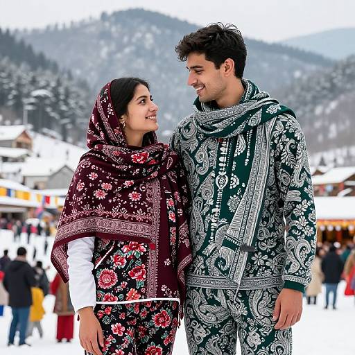 Photograph of smiling Indian couple in traditional winter attire, floral and paisley patterns, snowy mountain background, colorful market stalls.