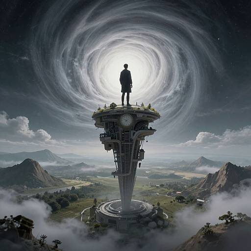 Digital art: Silhouetted figure standing on futuristic, clock-tower-like structure with swirling vortex above, surrounded by misty mountains and clouds.