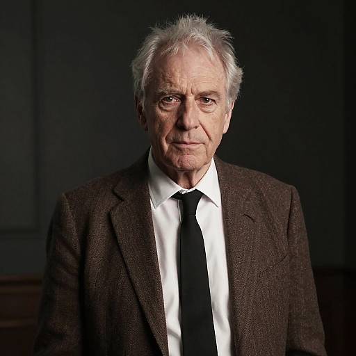 Photograph of an elderly white man with white hair, wearing a dark brown textured blazer, white shirt, and black tie, standing against a dark