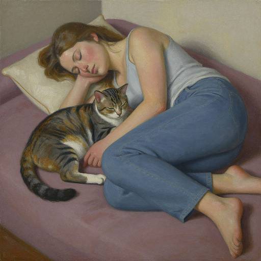 Realistic painting of a sleeping woman in a blue tank top and jeans, cuddling a cat on a purple couch.