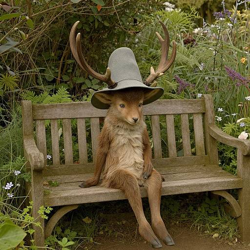 Photograph of a whimsical deer with large antlers wearing a gray bucket hat, sitting on a wooden bench in a lush, green garden with purple