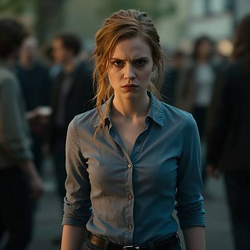 Photograph of a determined blonde woman with serious expression, wearing a blue button-up shirt, standing in a blurred, crowded outdoor setting.