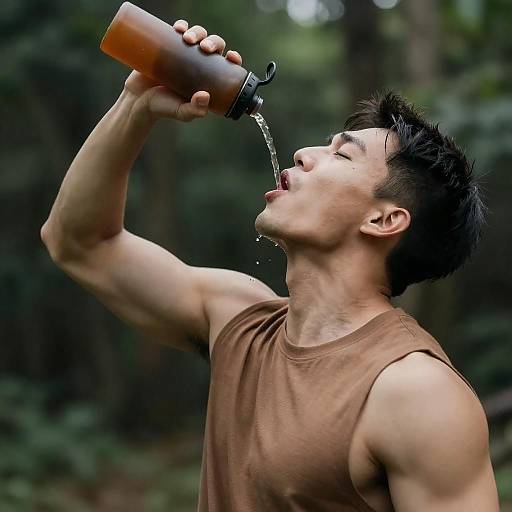 Muscular Man Hydrating in Forest Setting