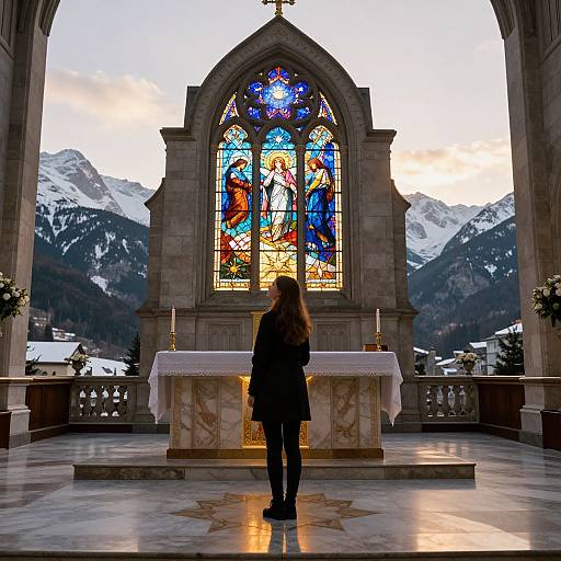Photograph of a woman in a black coat standing before a vibrant stained glass window in a mountain chapel, with snowy peaks visible outside.