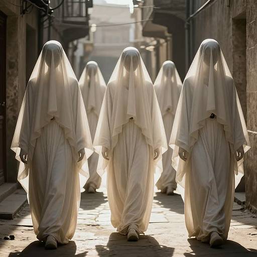 Photograph of six ghostly figures in white, hooded robes walking down a sunlit, narrow, urban alleyway with stone walls.