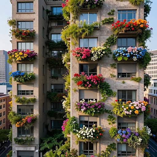Photograph of a brick apartment building with colorful flower boxes on every window, featuring vibrant reds, pinks, blues, and whites, surrounded by