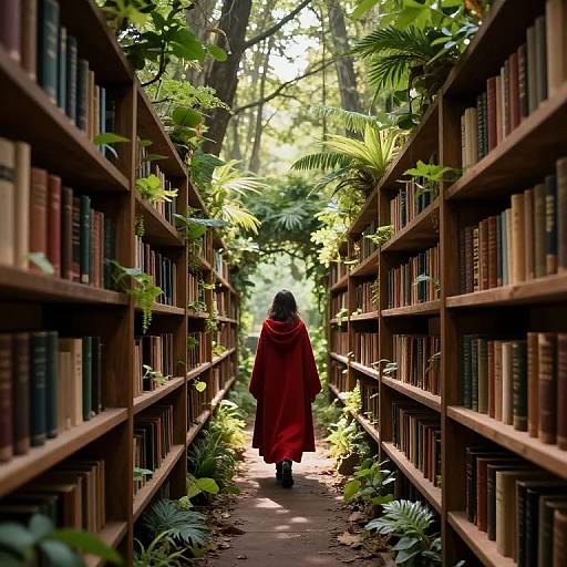 Photograph of a person in a red cloak, walking down a narrow, lush library aisle, flanked by tall bookshelves with greenery.