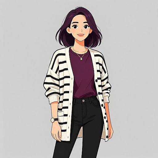 Digital illustration of a smiling woman with shoulder-length dark hair, wearing a white striped cardigan, purple shirt, black pants, and necklace.