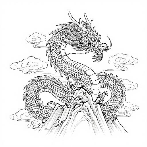 Black and white line drawing of a detailed, serpentine dragon with scales, horns, and a fierce expression, perched on a rocky peak with