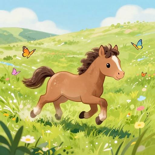Digital illustration of a cute, brown foal with a dark mane and tail, happily galloping through a sunny, vibrant meadow filled with colorful