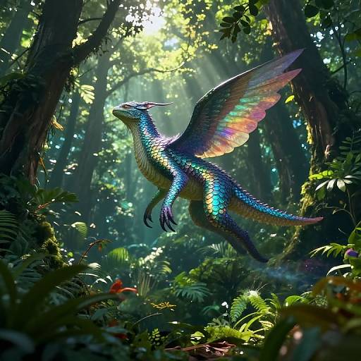 Digital fantasy artwork of a vibrant, rainbow-feathered dragon with iridescent scales soaring through a sunlit, dense forest. Sunbeams filter