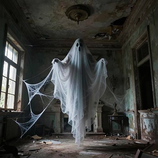 Photograph of a ghostly figure with white, flowing robes and empty eye sockets, holding spider webs, in a dark, decrepit, abandoned room