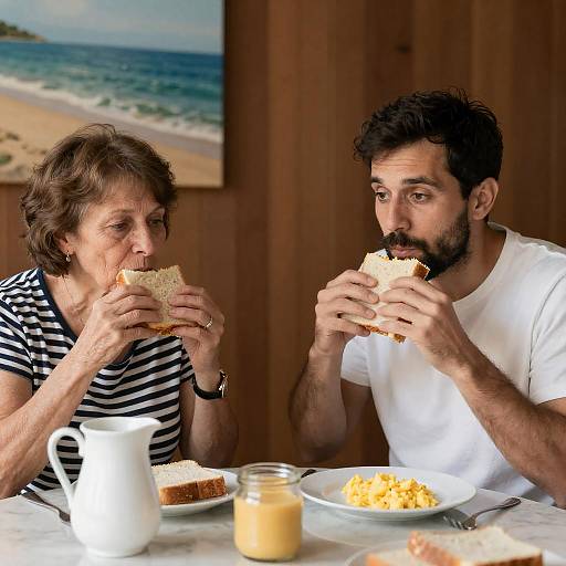 Elder Woman and Man Eating Breakfast Sandwiches