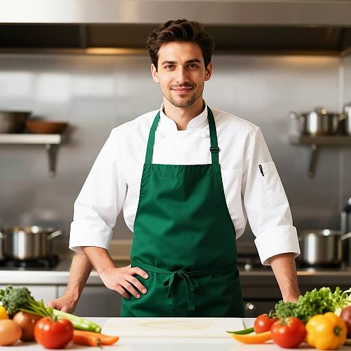 Photograph of a smiling male chef with dark hair, wearing a white shirt and green apron, standing in a modern kitchen with fresh vegetables on a
